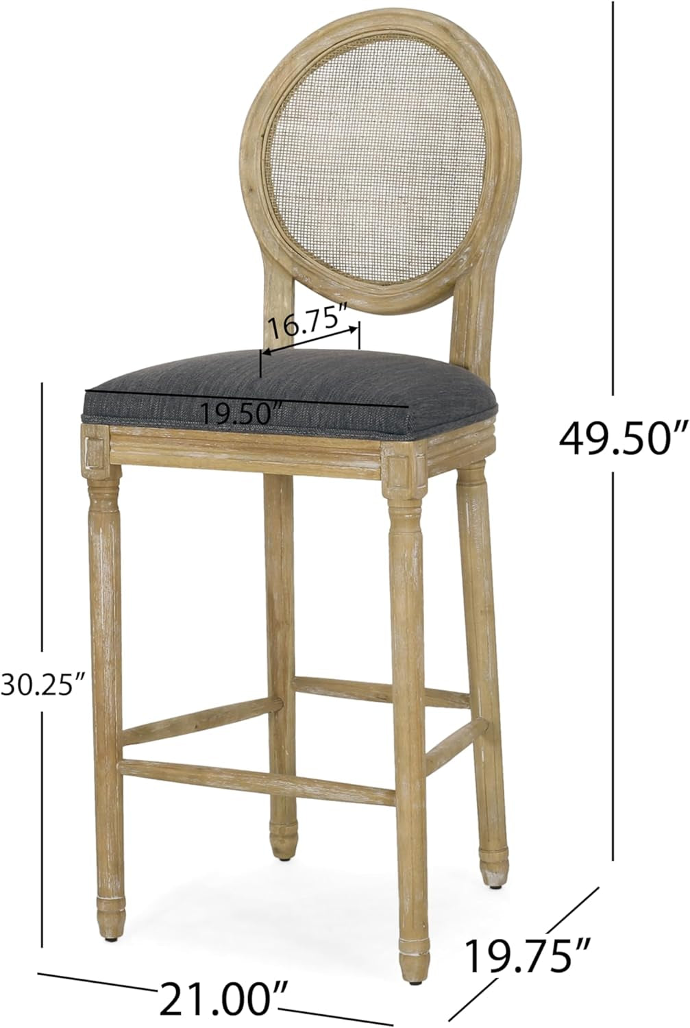 Kenny French Country Wooden Barstools with Upholstered Seating (Set of 2), Charcoal and Natural