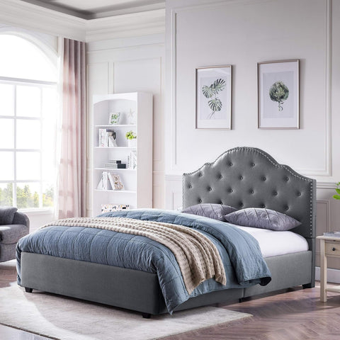 Gentry Queen-Size Bed Frame Fully-Upholstered Button-Tufted Light Gray