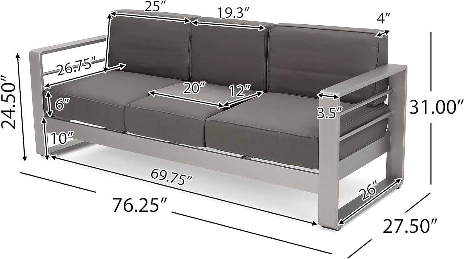 Cape Coral Outdoor 5 Seater Aluminum Sofa Chat Set with 2 Side Tables, 32.00 "W X 27.5 "D X 24.6 "H, Silver + Khaki