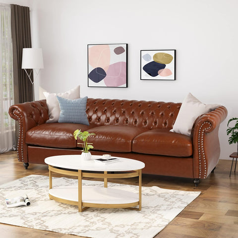 Quentin Chesterfield Tufted Sofa with Scroll Arms, Cognac Brown, Dark Brown