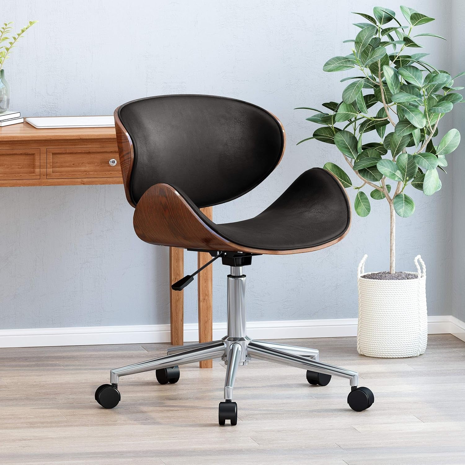 Dawson ARMLESS Office Chair, Midnight Black + Chrome + Walnut