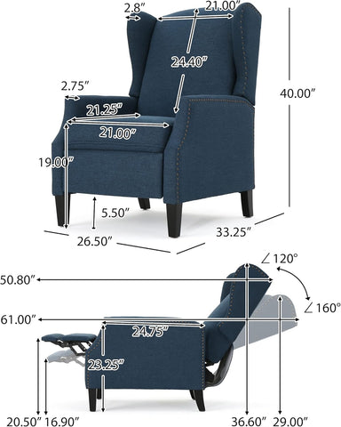 Ellyn Fabric Recliner (Set of 2), Navy Blue, Dark Brown