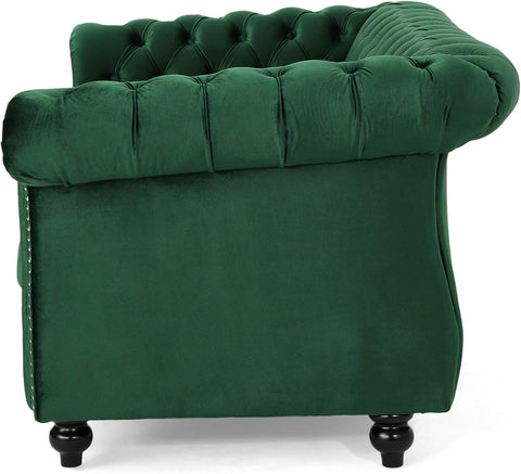 Karen Traditional Chesterfield Loveseat Sofa, Emerald and Dark Brown, 61.75 X 33.75 X 27.75