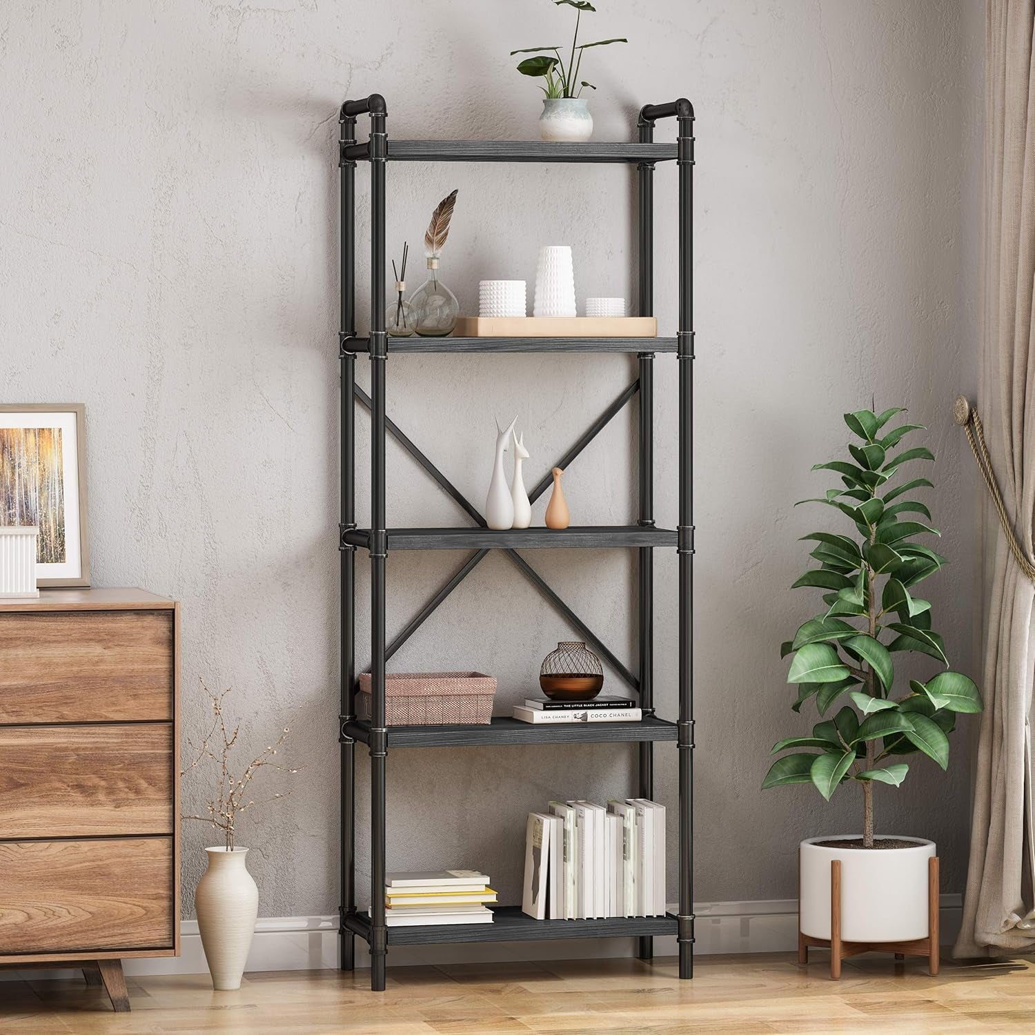 Lina Industrial Iron Five Shelf Bookcase, Gray and Pewter Finish