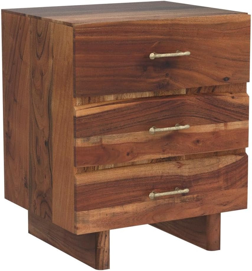 Terrell Handcrafted Boho Acacia Wood 3 Drawer Nightstand (Set of 2), Dark Natural