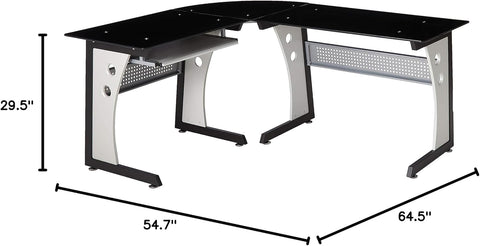 Oria L-Shaped Office Desk with Tempered Glass Top, Black / Grey