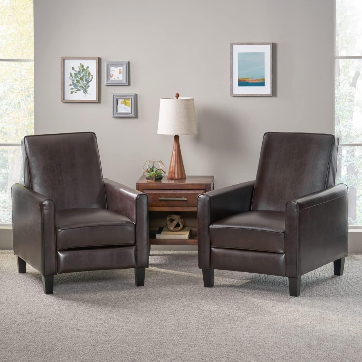 Marshal Contemporary Bonded Leather Recliner (Set of 2), Brown and Dark Brown