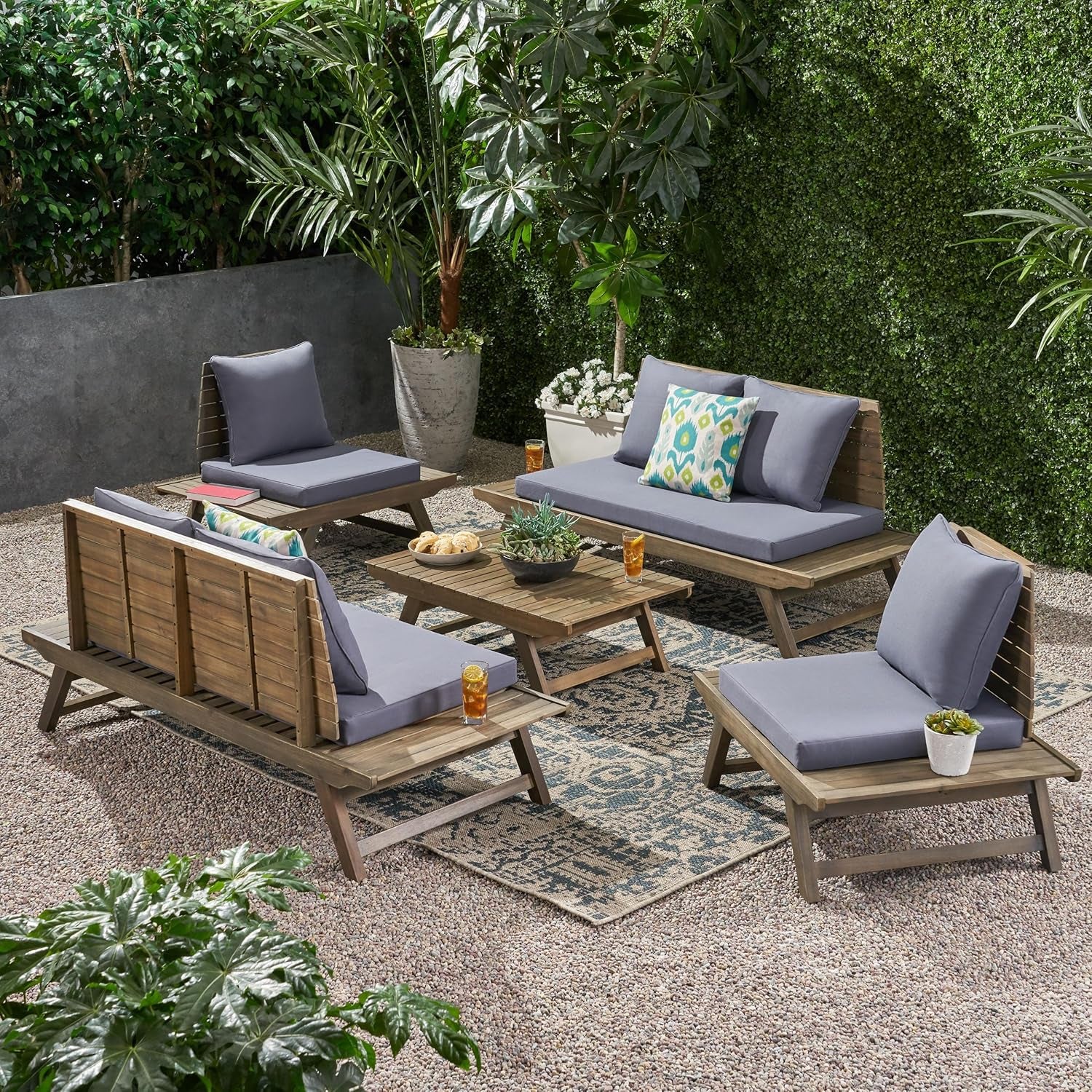 Sedona Outdoor Acacia Wood 6 Seater Chair Loveseat Cushions Chat Patio Furniture Conversation Sets with Coffee Table, 37 "W X 28.25 "D X 29.5 "H, Gray + Dark Gray