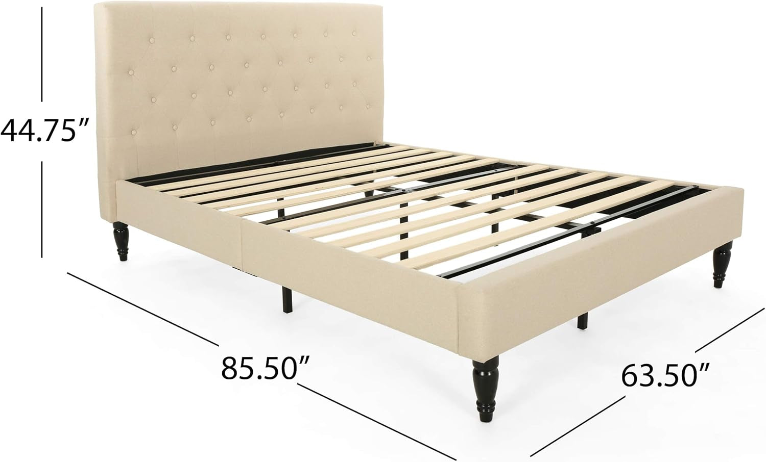 Agnes Fully-Upholstered Queen-Size Platform Bed Frame, Low-Profile, Contemporary, Beige, Dark Brown