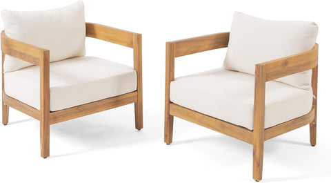 312395 Alfy Outdoor Club Chair with Cushions (Set of 2), Teak Finish, Beige