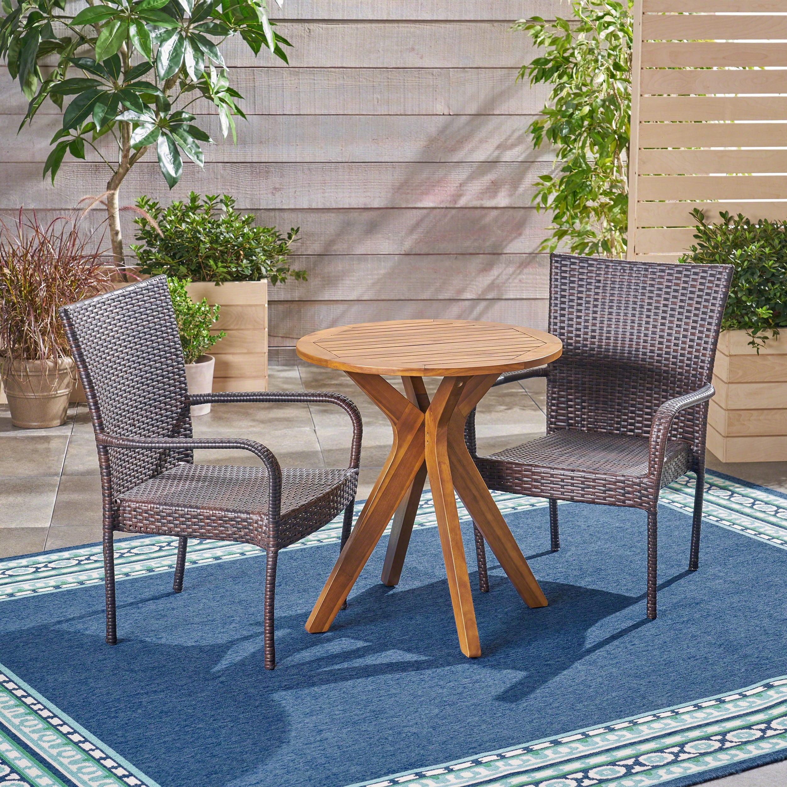 Martinique Outdoor Acacia Wood and Wicker 3 Piece Bistro Set, Teak and Multibrown