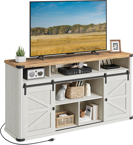 TV Stand for Tvs up to 65 Inches, Farmhouse Entertainment Center with Sliding Barn Doors, TV Console Table for Living Room, Rustic White and Honey Brown ULTV322W73