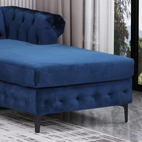 Frieda Velvet 3 Seater Sectional Sofa with Chaise Lounge, Midnight Blue, Black