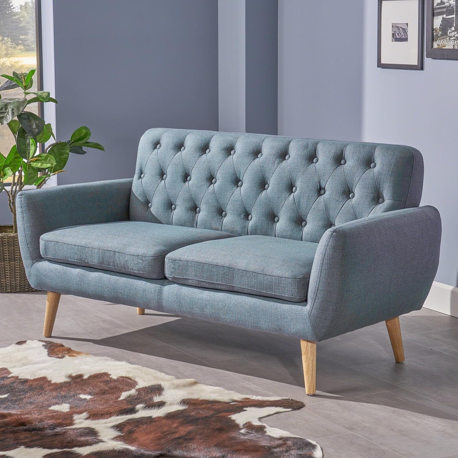 Bernice Mid-Century Modern Tufted Fabric Sofa, Blue / Natural