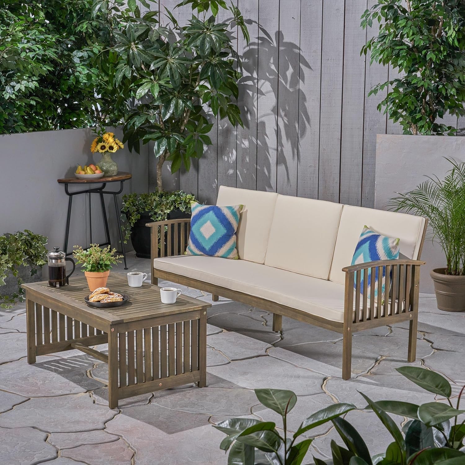 Carolina Outdoor Acacia Wood 2 Piece Conversation Set with 3 Seater Sofa and Coffee Table and Water Resistant, 40 "W X 24 "D X 18.25 "H, Gray + Cream