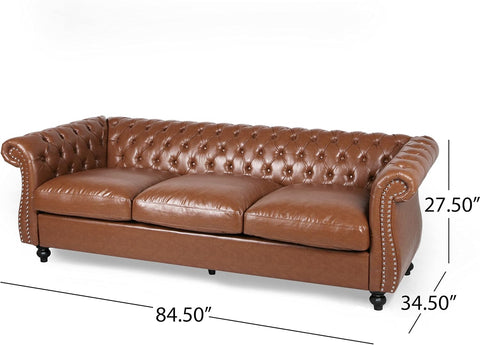 Quentin Chesterfield Tufted Sofa with Scroll Arms, Cognac Brown, Dark Brown