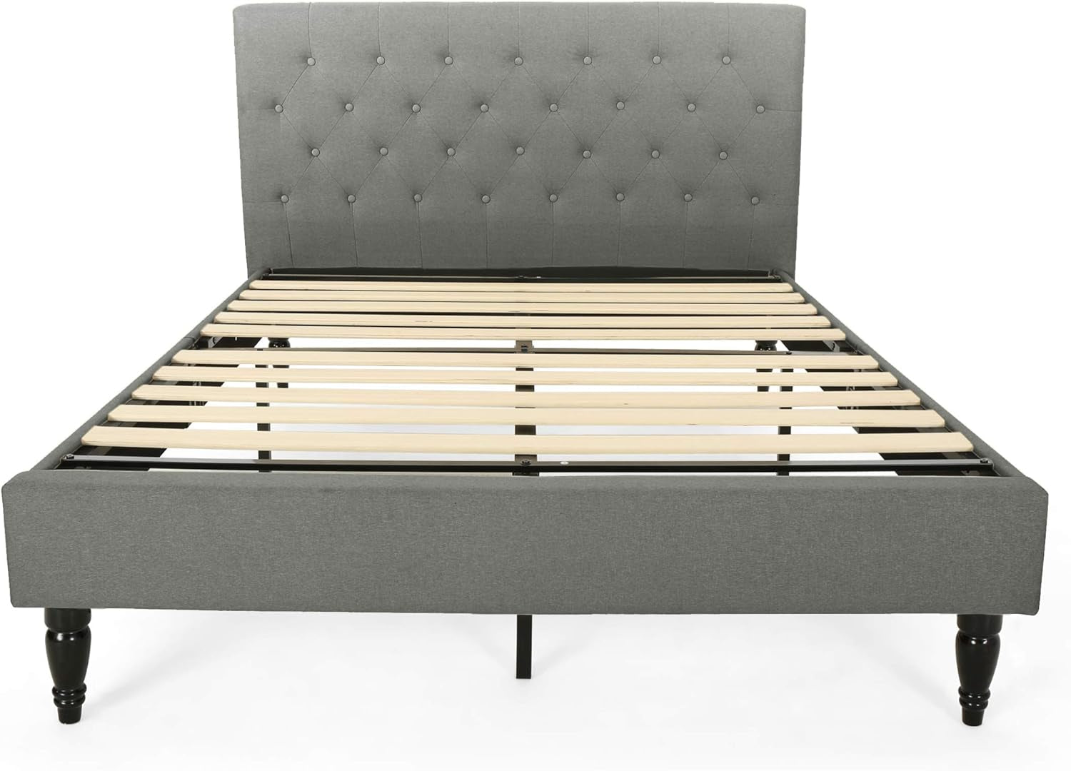 Agnes Fully-Upholstered Queen-Size Platform Bed Frame, Low-Profile, Contemporary, Charcoal Gray, Dark Brown