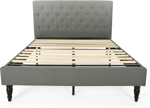 Agnes Fully-Upholstered Queen-Size Platform Bed Frame, Low-Profile, Contemporary, Charcoal Gray, Dark Brown