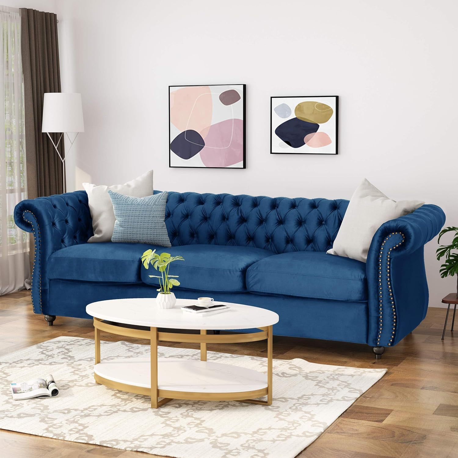 Vita Tufted Microfiber Sofa with Scroll Arms, Navy Blue, Dark Brown