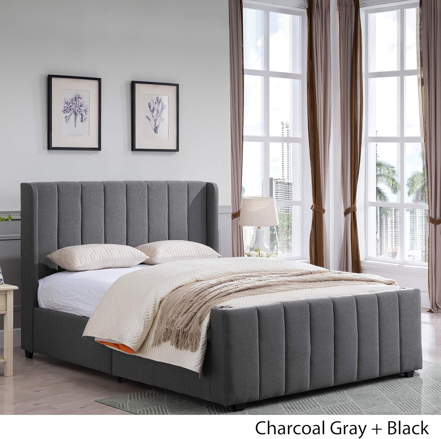 Riley Fully-Upholstered Bed Frame-Queen-Size-Traditional, Charcoal Gray Black