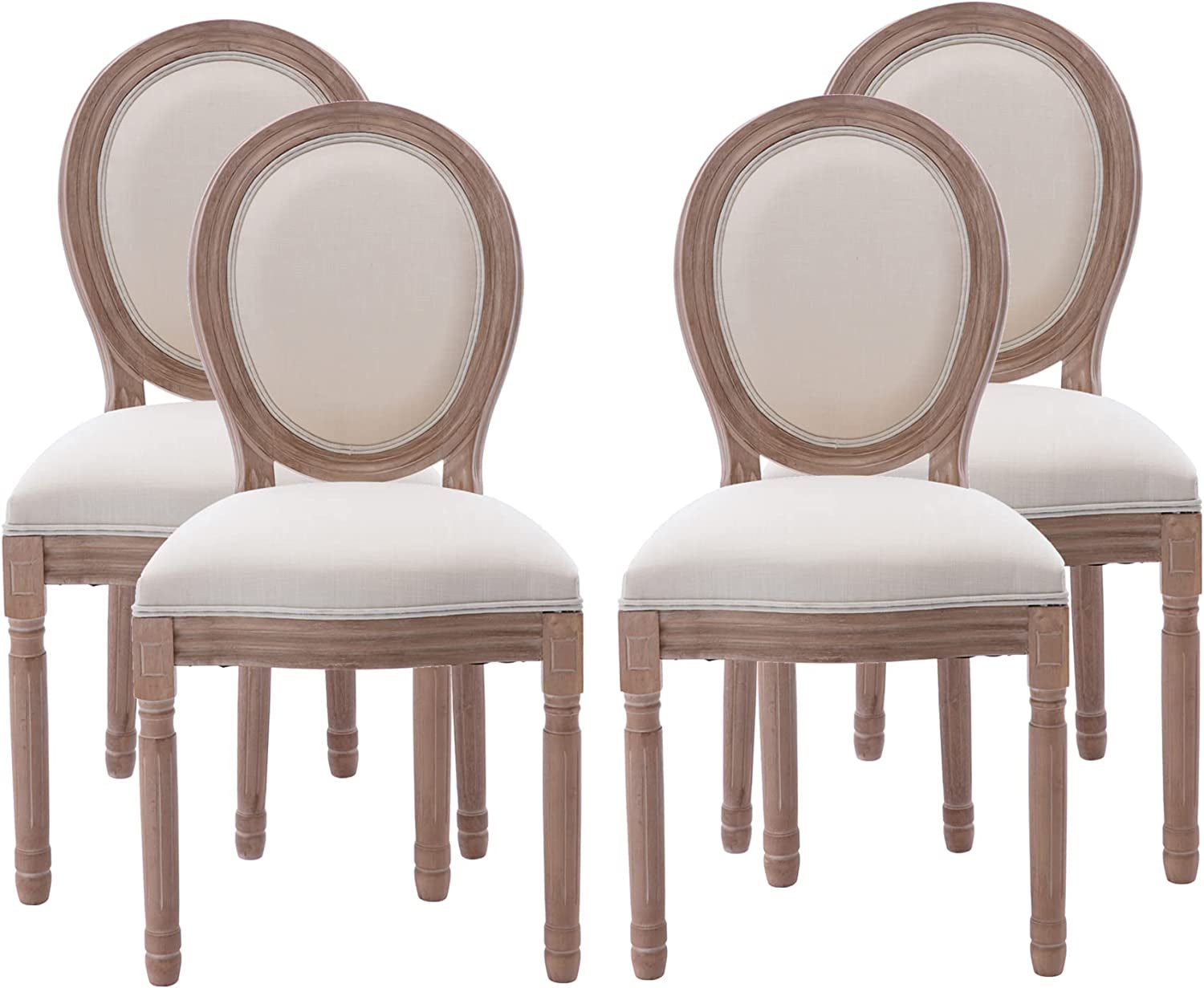 French Country Dining Chairs Set of 4, Farmhouse Fabric Chairs with round Back, Solid Wood Legs, Oval Side Chairs for Kitchen/Bedroom/Dining Room