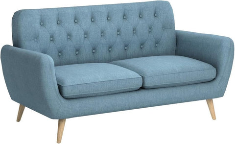 Bernice Mid-Century Modern Tufted Fabric Sofa, Blue / Natural