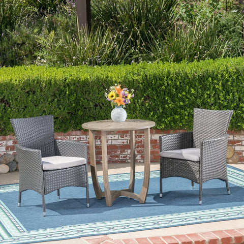 Brantly Outdoor Acacia Wood and Wicker 3 Piece Bistro Set with Cushions, Gray and Light Gray