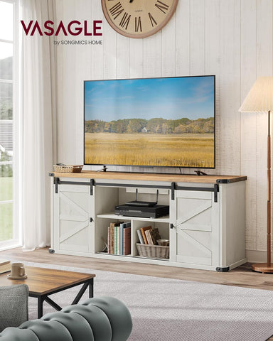 TV Stand for Tvs up to 65 Inches, Farmhouse Entertainment Center with Sliding Barn Doors, TV Console Table for Living Room, Rustic White and Honey Brown ULTV324W73