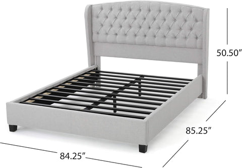 Fully-Upholstered King-Size Platform Bed Frame, Low-Profile, Contemporary, Light Gray