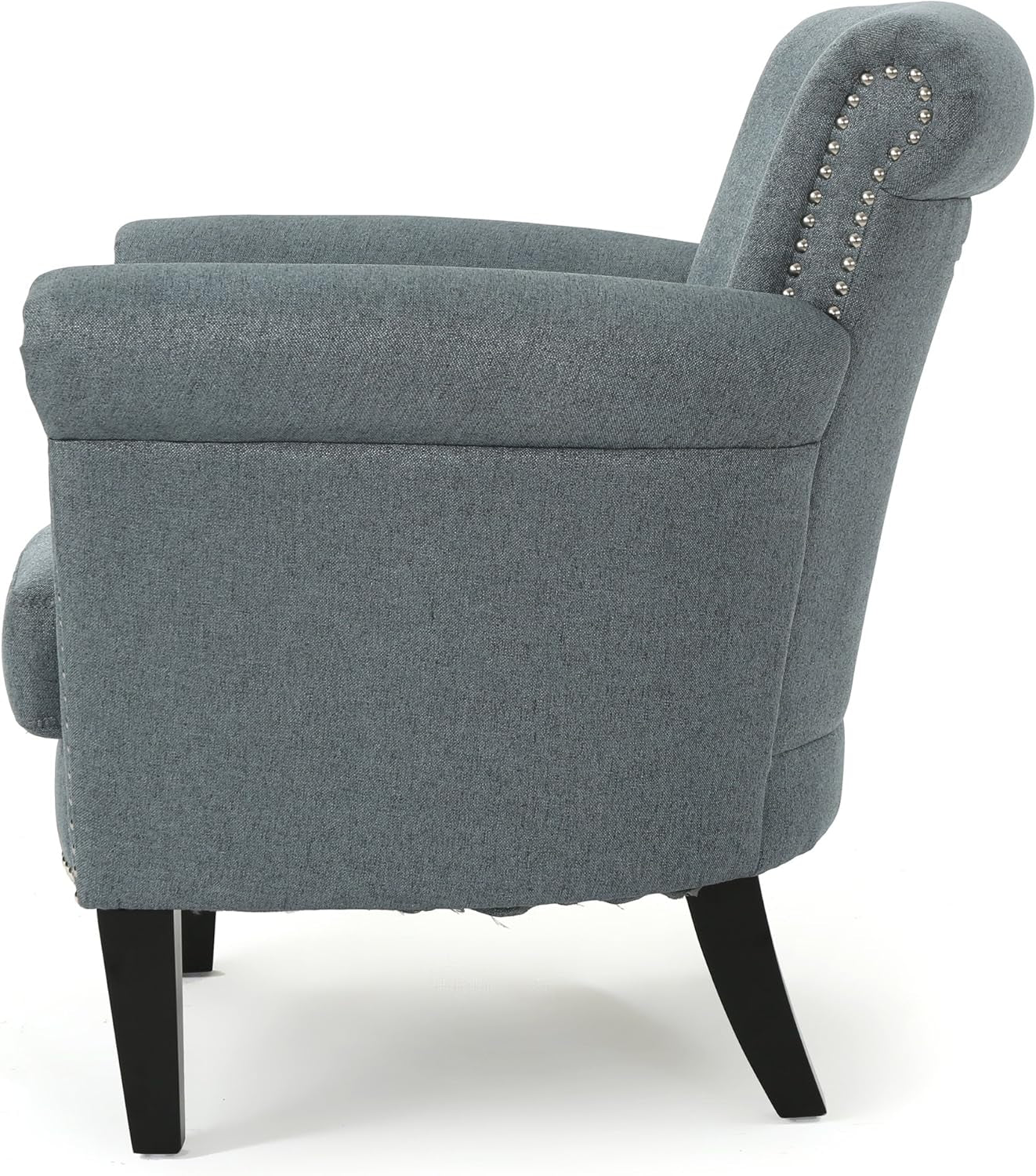 Brice Vintage Scroll Arm Studded Fabric Club Chair, Steel Blue / Dark Brown