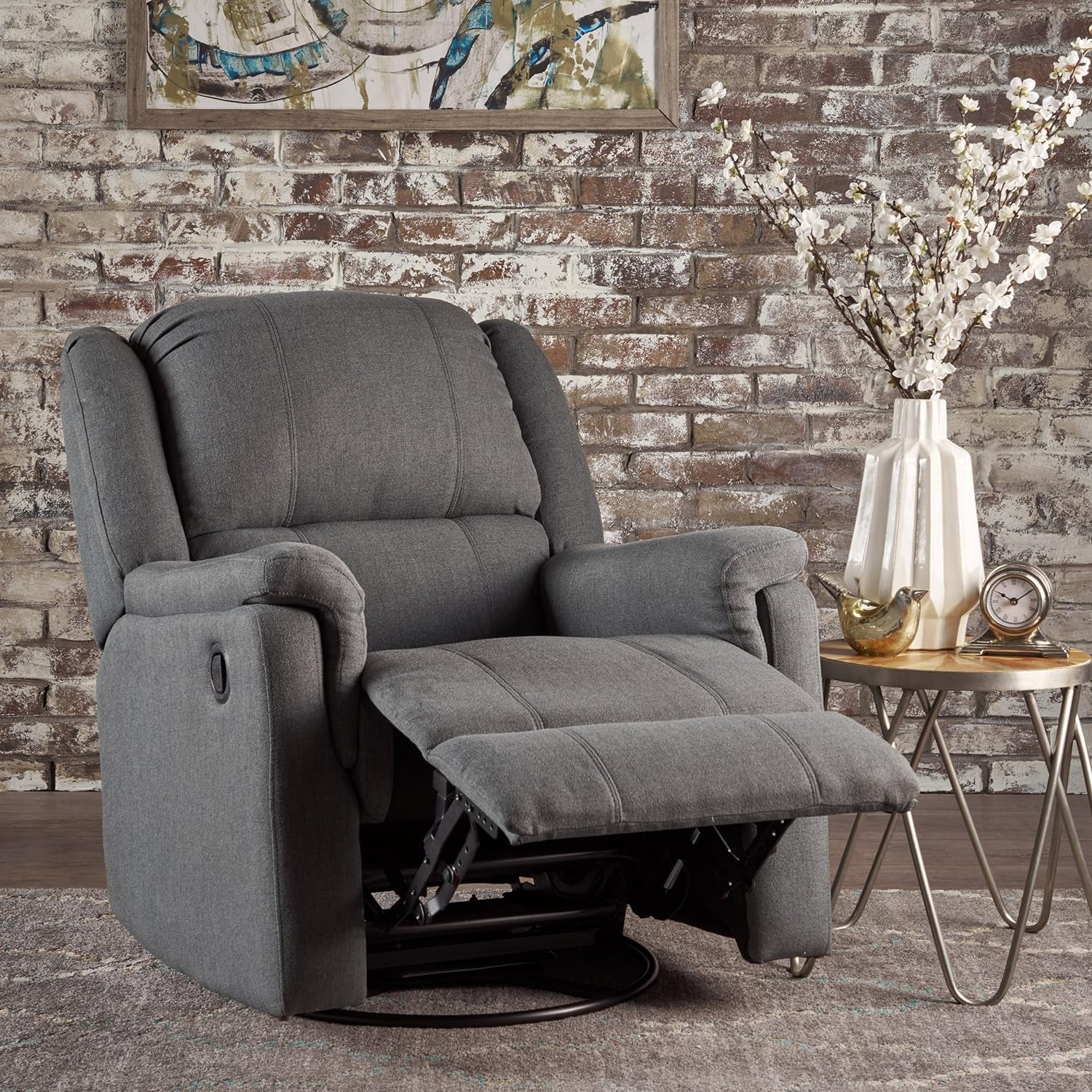 Jemma Tufted Fabric Swivel Gliding Recliner Chair (Charcoal)