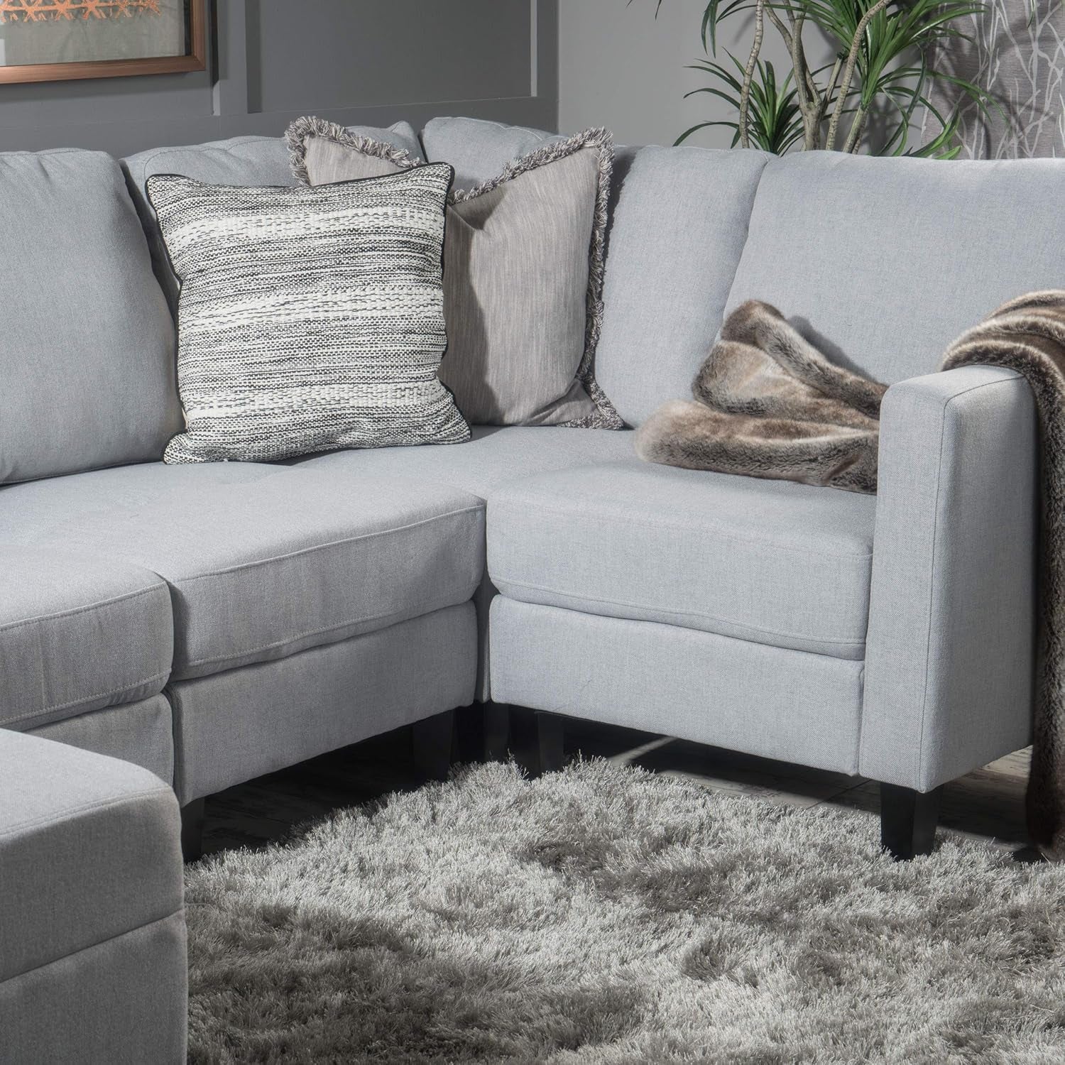 Zahra Fabric Sectional Couch with Ottoman, 6-Pcs Set, Light Grey