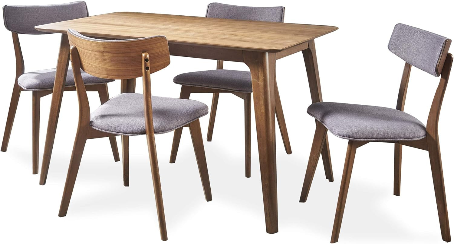 Megann Mid-Century Wood Dining Set with Fabric Chairs, 5-Pcs Set, Natural Walnut / Dark Grey