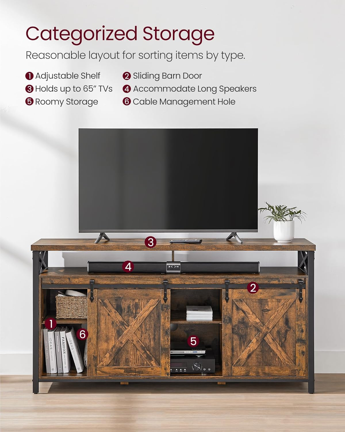 TV Stand for 65 Inch TV, Entertainment Center, TV Table and Console, TV Cabinet with Adjustable Shelves, Industrial Design, Rustic Brown and Black ULTV071B01