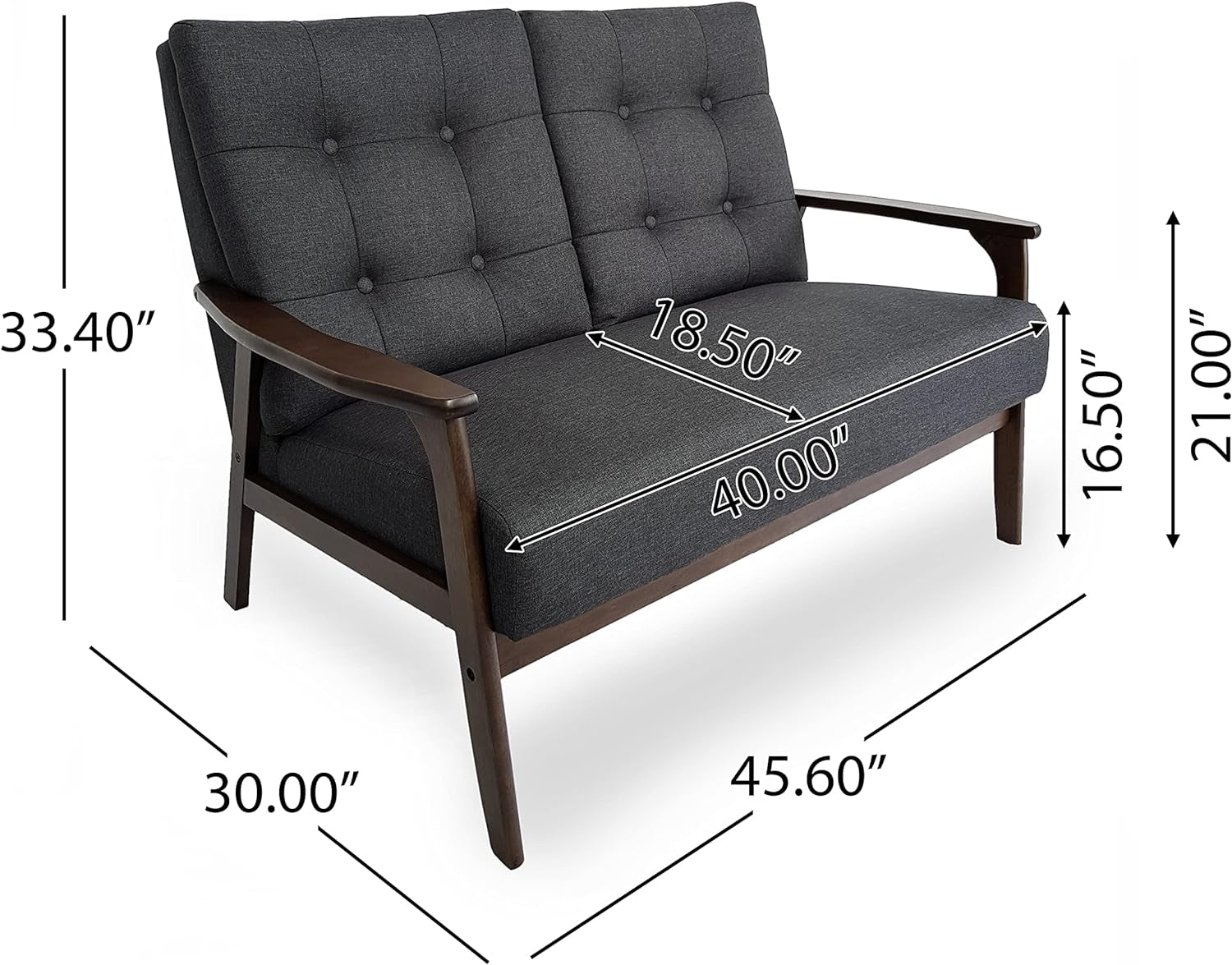 Athena Mid Century Waffle Stitch Tufted Accent Loveseat with Rubberwood Legs-Black and Walnut Finish