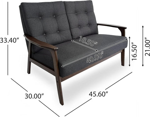 Athena Mid Century Waffle Stitch Tufted Accent Loveseat with Rubberwood Legs-Black and Walnut Finish