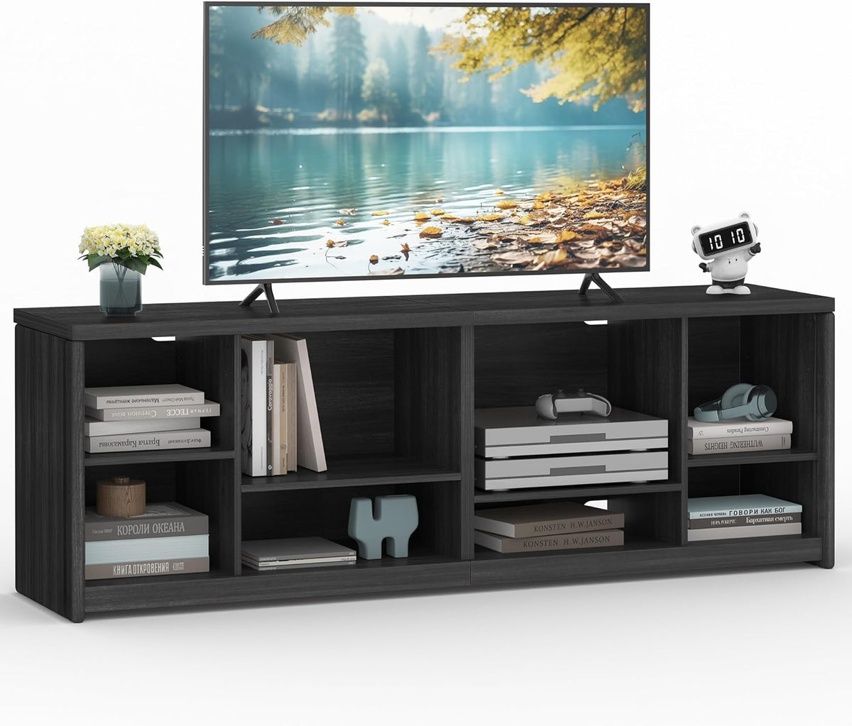 TV Stand for Tvs up to 75 Inches, Entertainment Center with Storage Shelves, TV Console Table, Easy to Assemble, TV Cabinet for Living Room, Bedroom, Ash Black ULTV112B01