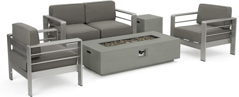 Cape Coral Outdoor Chat Set with Fire Table, 5-Pcs Set, Khaki / Light Grey