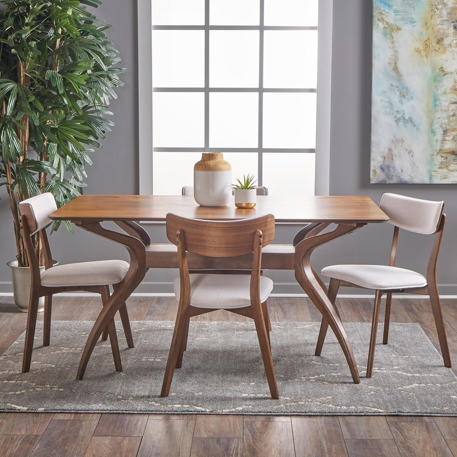 Nissie Mid-Century Wood Dining Set with Fabric Chairs, 5-Pcs Set, Natural Walnut Finish / Light Beige