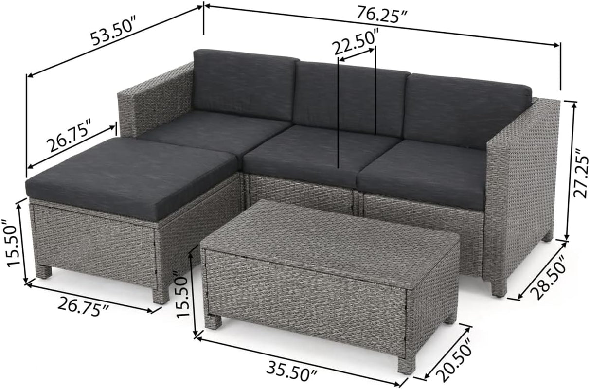 Puerta KD PE Sofa Sectional with Table, 5-Pcs Set, Mix Black / Dark Grey