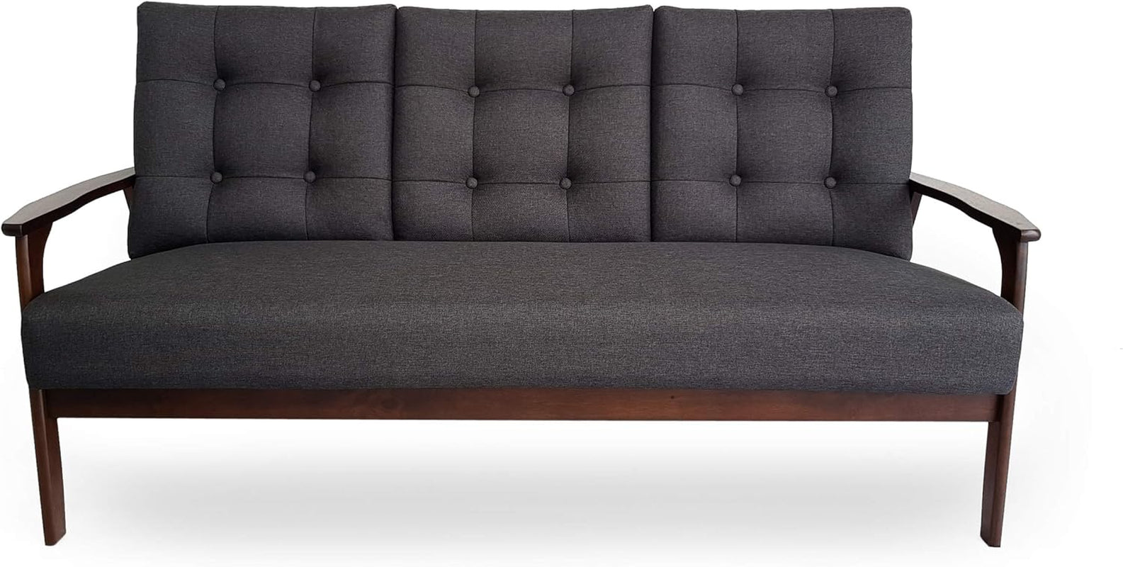 Athena Mid Century Waffle Stitch Tufted Accent Sofa with Rubberwood Legs-Black and Walnut Finish