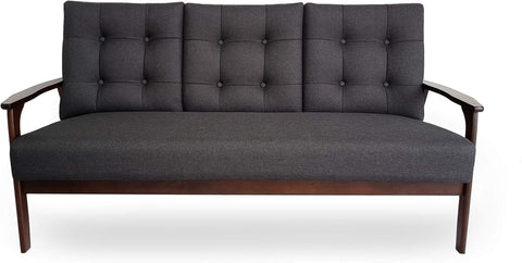 Athena Mid Century Waffle Stitch Tufted Accent Sofa with Rubberwood Legs-Black and Walnut Finish