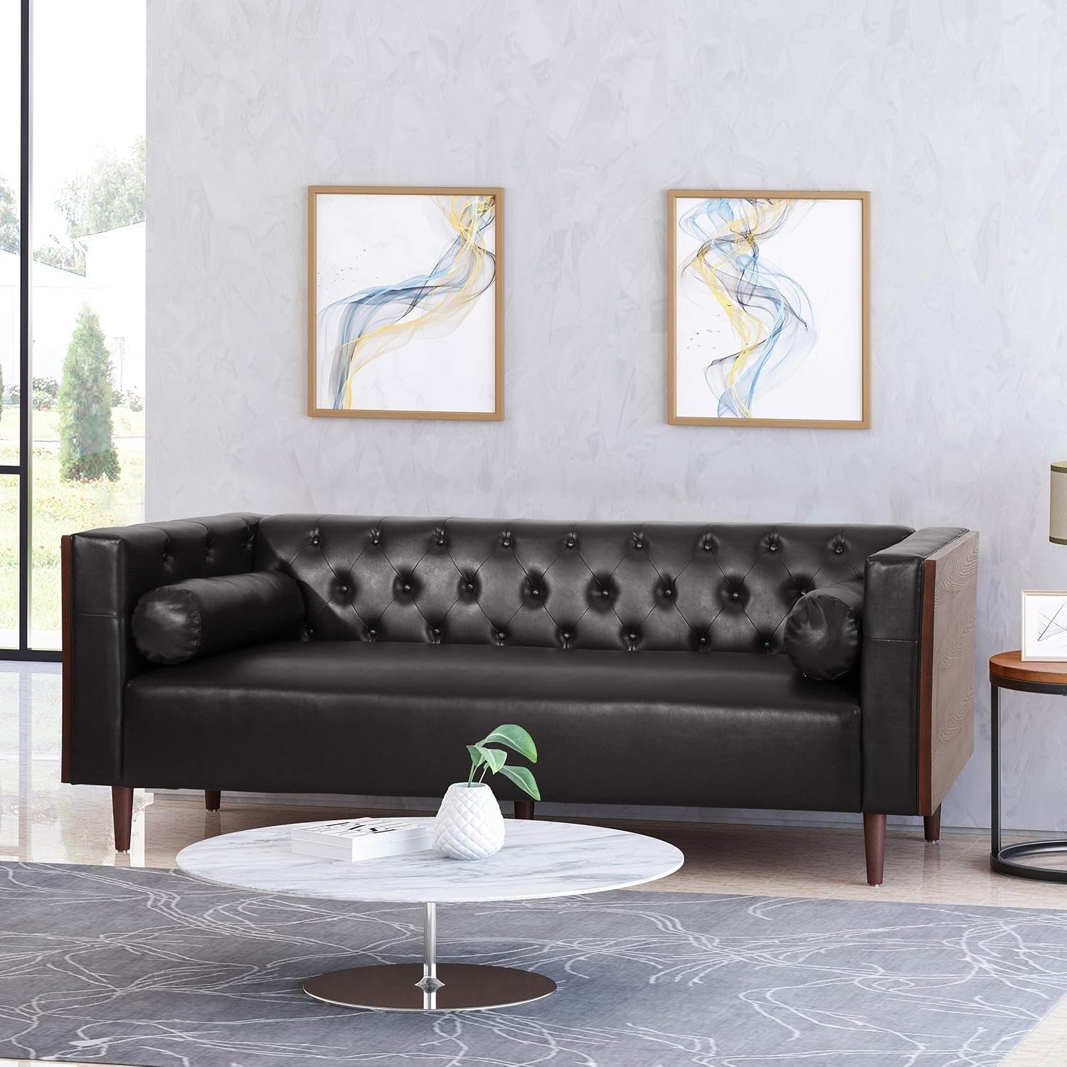 Solomon Contemporary Tufted Deep Seated Sofa with Accent Pillows, Midnight Black and Espresso