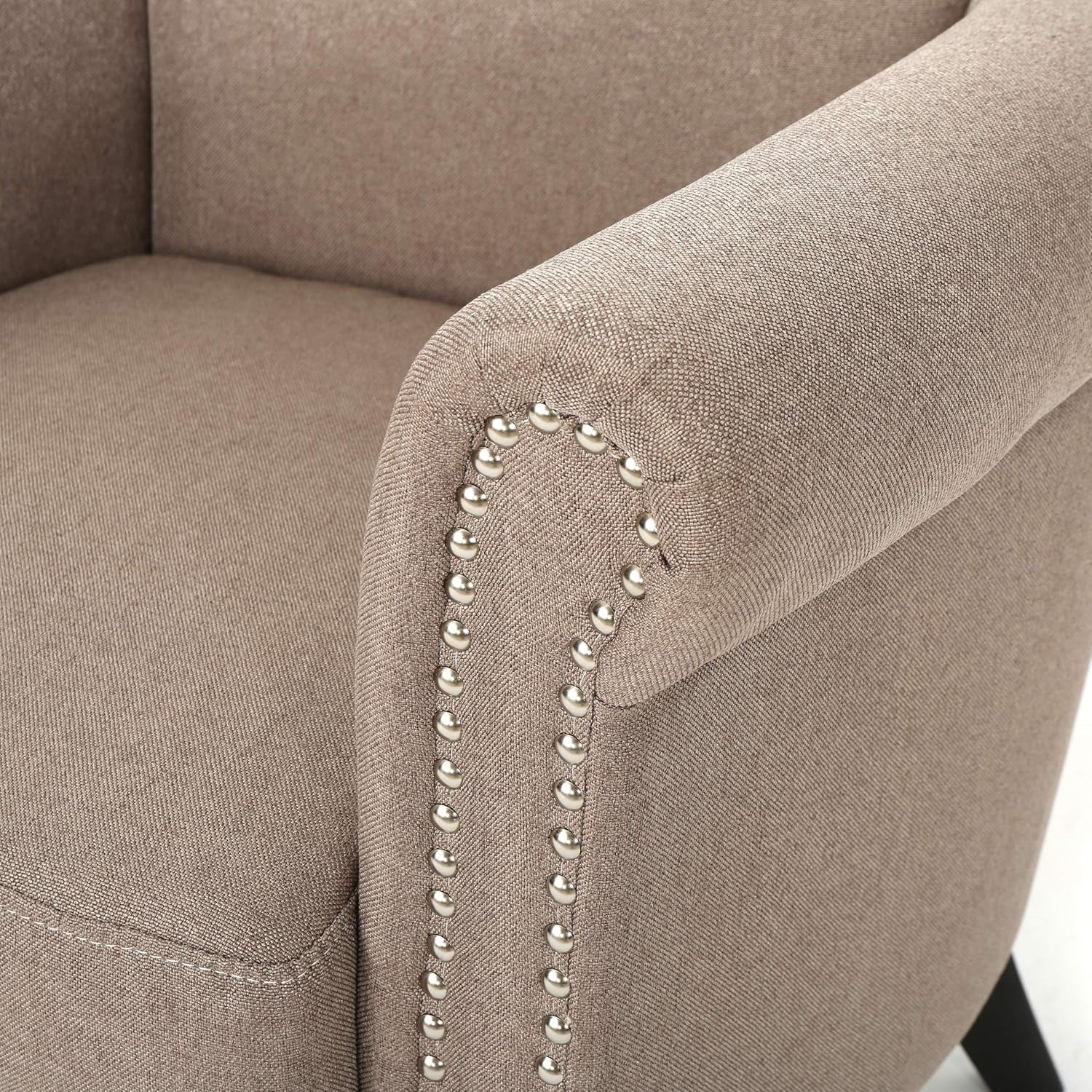 Brice Vintage Scroll Arm Studded Fabric Club Chair, Light Coffee / Dark Brown, 31D X 29.5W X 31.5H In