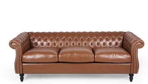 Stephanie Traditional Chesterfield 4 Piece Living Room Set, Cognac Brown, Dark Brown
