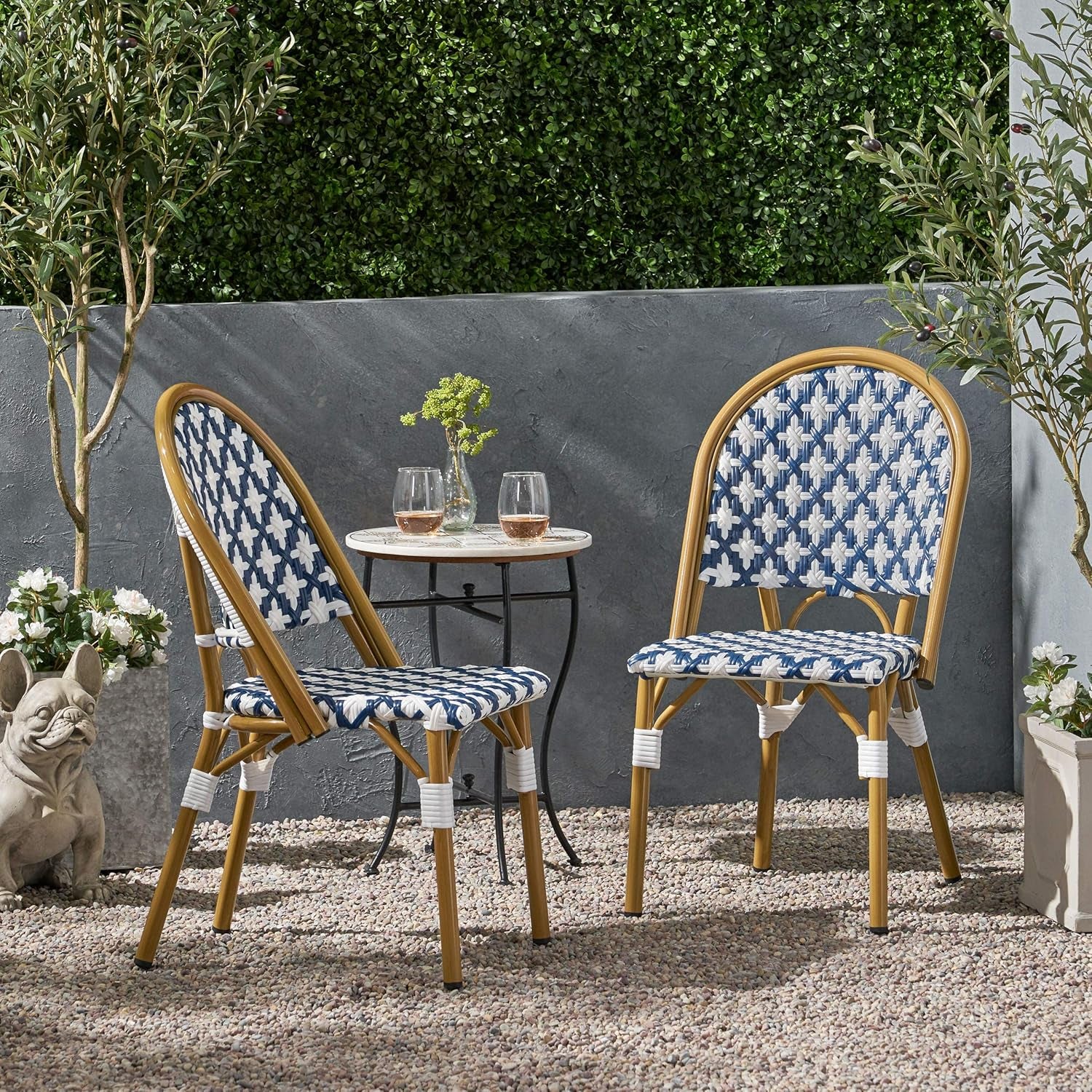 Anastasia Outdoor French Bistro Chair (Set of 2), Blue + White + Bamboo Print Finish