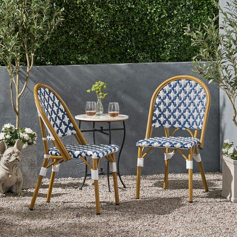 Anastasia Outdoor French Bistro Chair (Set of 2), Blue + White + Bamboo Print Finish