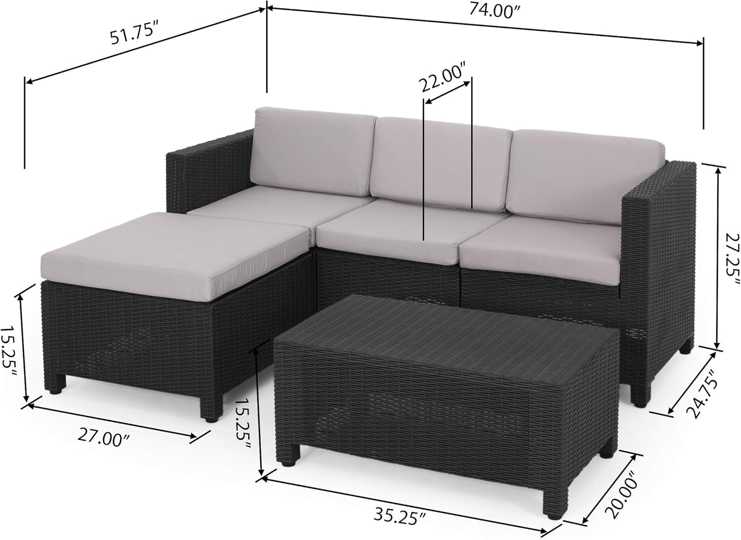 311160 Outdoor Conversation Sets, 24.75" D X 26.00" W X 27.25" H, Dark Gray, Gray