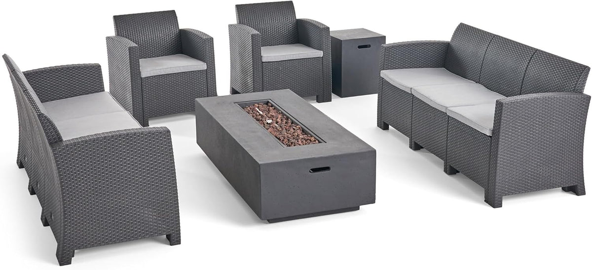 Comet Outdoor 8-Seater Wicker Conversation Set with Fire Pit and Tank Holder, 67.5 "W X 26 "D X 30 "H, Charcoal + Light Gray + Dark Gray