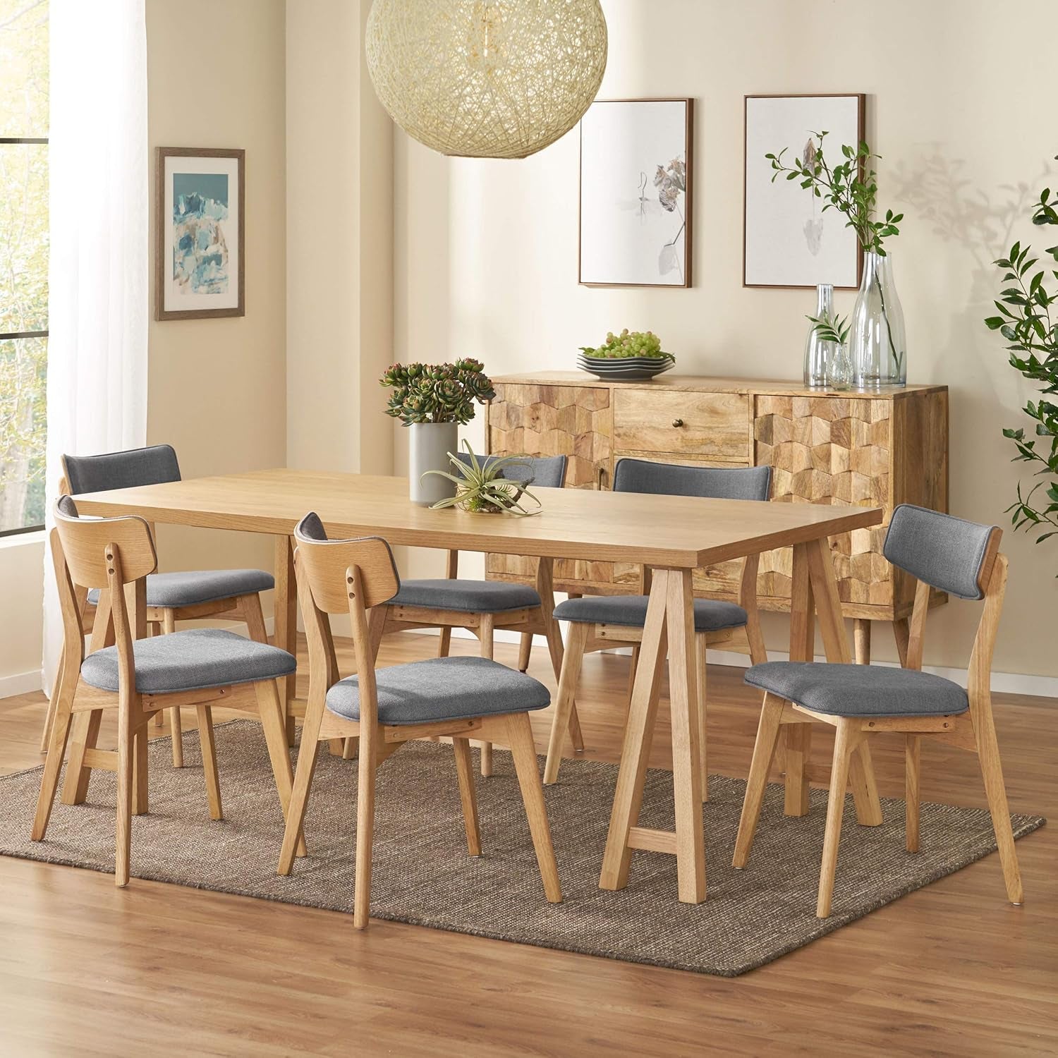 Abraham Mid-Century Modern 7 Piece Dining Set with A-Frame Table, Dark Gray + Natural Oak